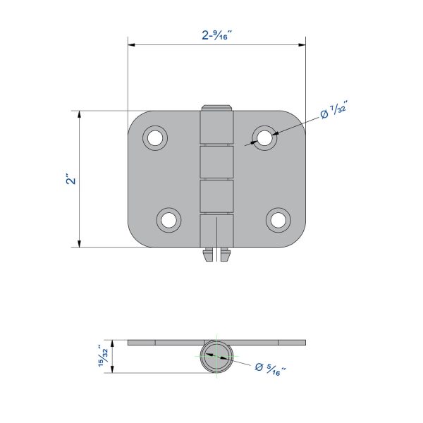 Drawing with dimensions of our galvanized Steel Hinge - 5/16" axle diameter - 2" height