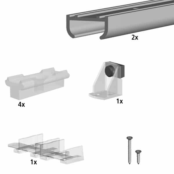 Content and quantities of our SLID’UP 100 – Sliding cabinet door hardware kit for 2 bypass cabinet doors up to 20 lbs each