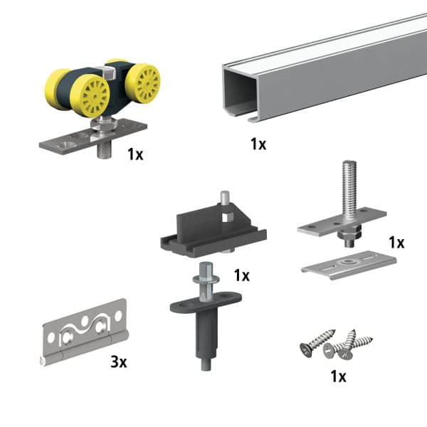 Content and quantities of our SLID’UP 140 – Bifold door hardware kit for 2 folding panels up to 55lbs each - 47" track