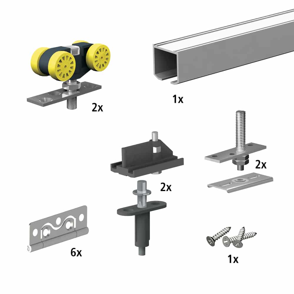 Content and quantities of our SLID’UP 140 – Bifold door hardware kit for 4 folding panels up to 55lbs each - 70" track