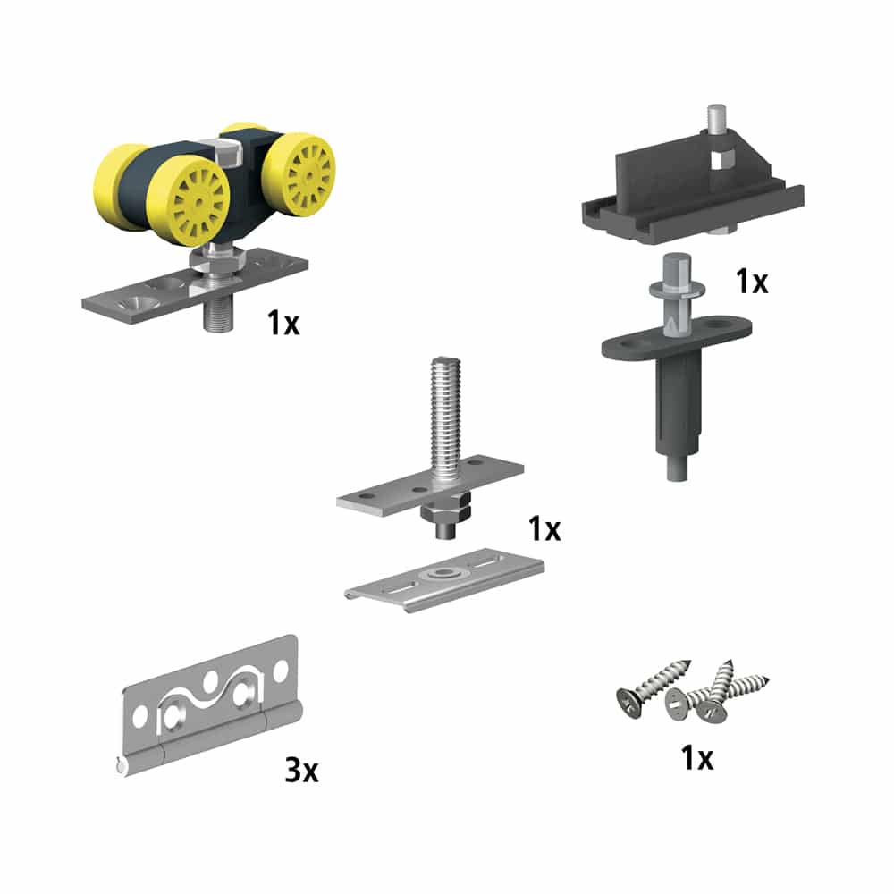 Content and quantities of our bifold door rollers kit for SLID’UP 140 for 2 folding panels up to 55 lbs each