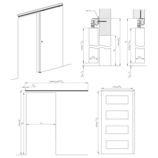 Drawing with dimensions of our SLID’UP 180 – Sliding door hardware kit for 1 partition door up to 65 lbs
