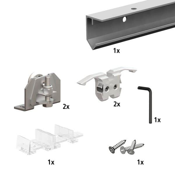 Content and quantities of our SLID’UP 180 – Sliding door hardware kit for 1 partition door up to 65 lbs