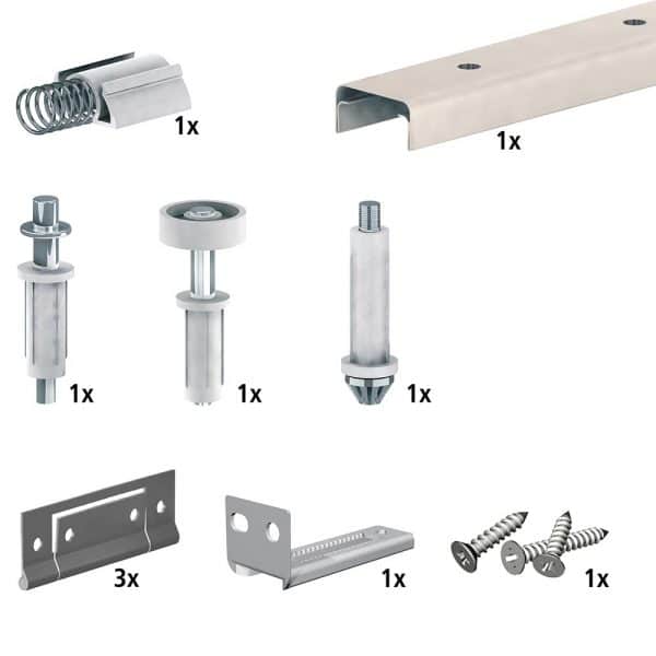 Content and quantities of our SLID’UP 200 – Bifold closet door hardware kit for 2 panels up to 30 lbs each - 29" track