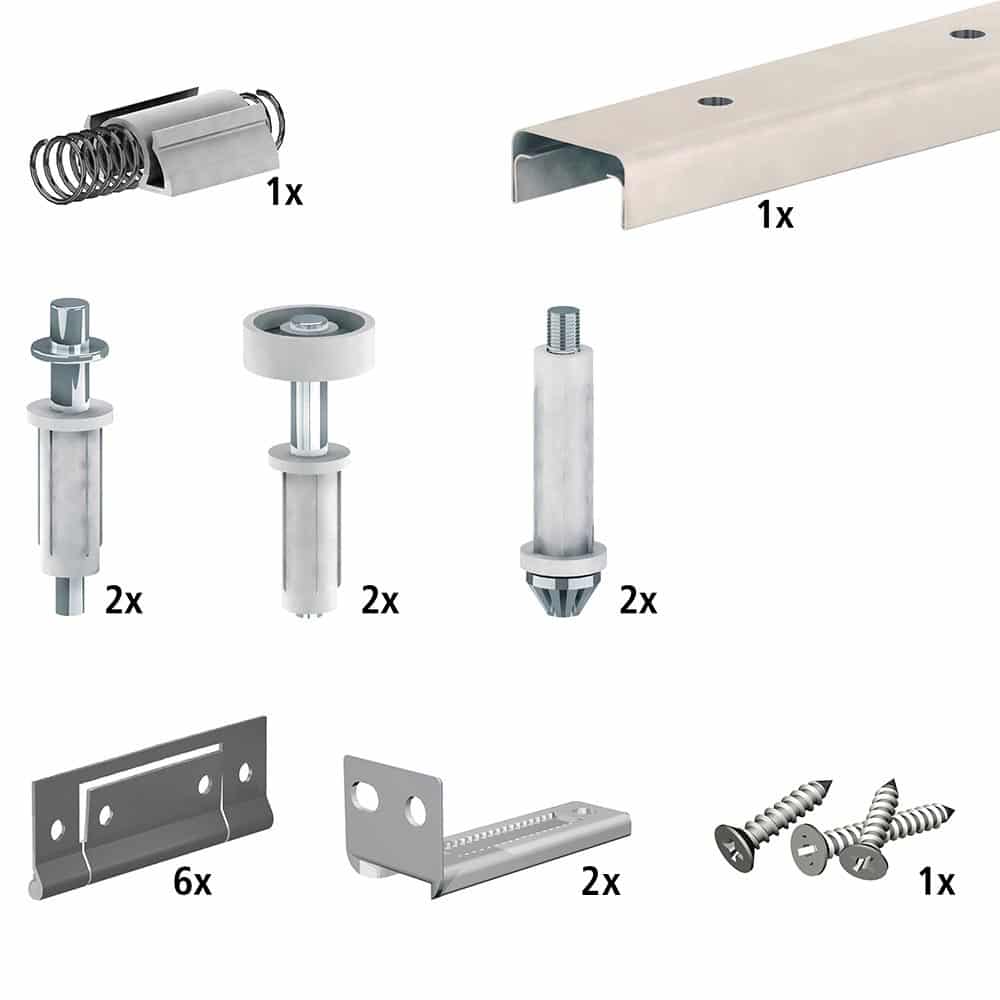 Content and quantities of our SLID’UP 200 – Bifold closet door hardware kit for 4 folding panels up to 30 lbs each - 47" track
