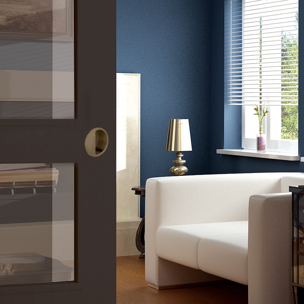 Zoom of our beige round flush pull handle for sliding doors