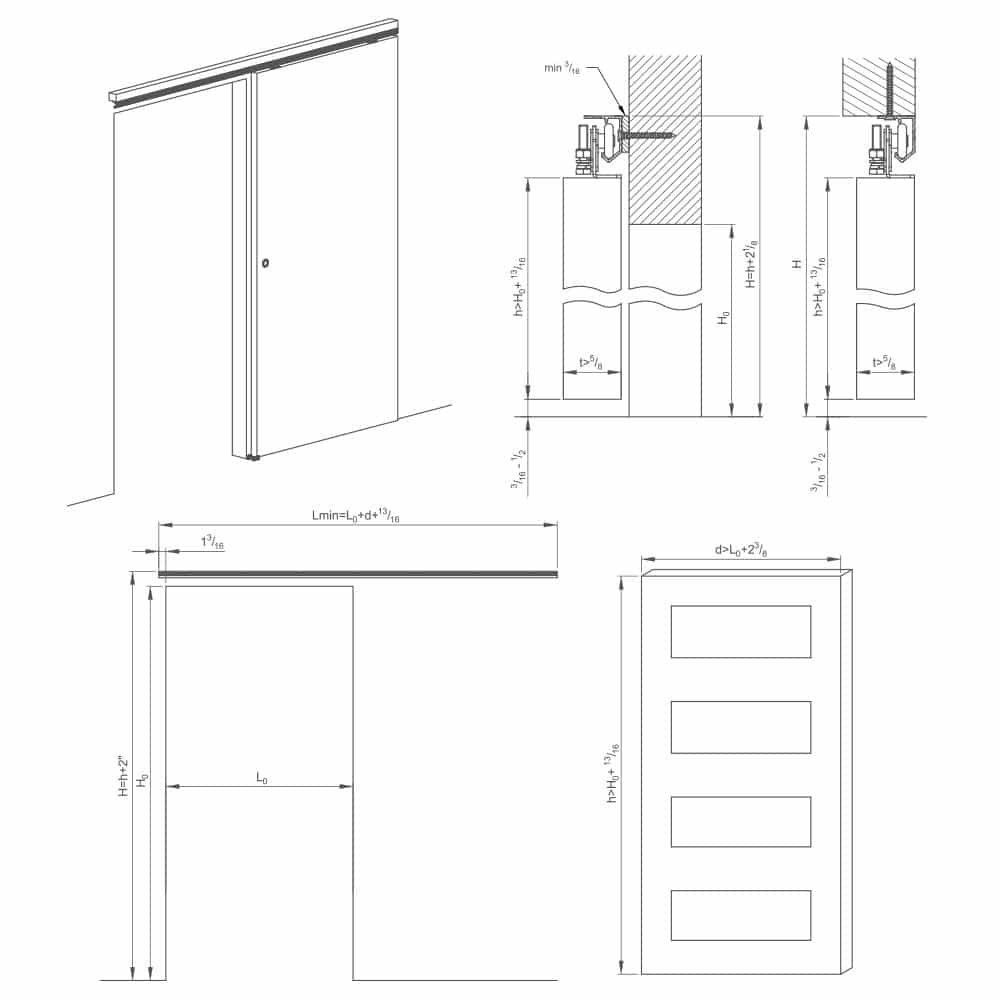 Drawing with dimensions of our sliding door rollers kit for SLID’UP 180 for 1 door up to 65 lbs