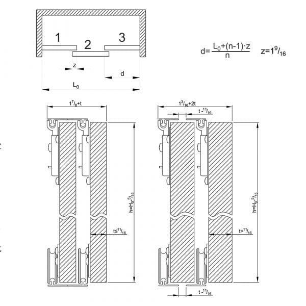 Drawing with dimensions of our closet door rollers kit for SLID’UP 130 for 1 door up to 155 lbs