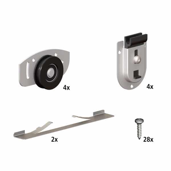 Content and quantities of our closet door rollers kit for SLID’UP 130 for 2 doors up to 155 lbs