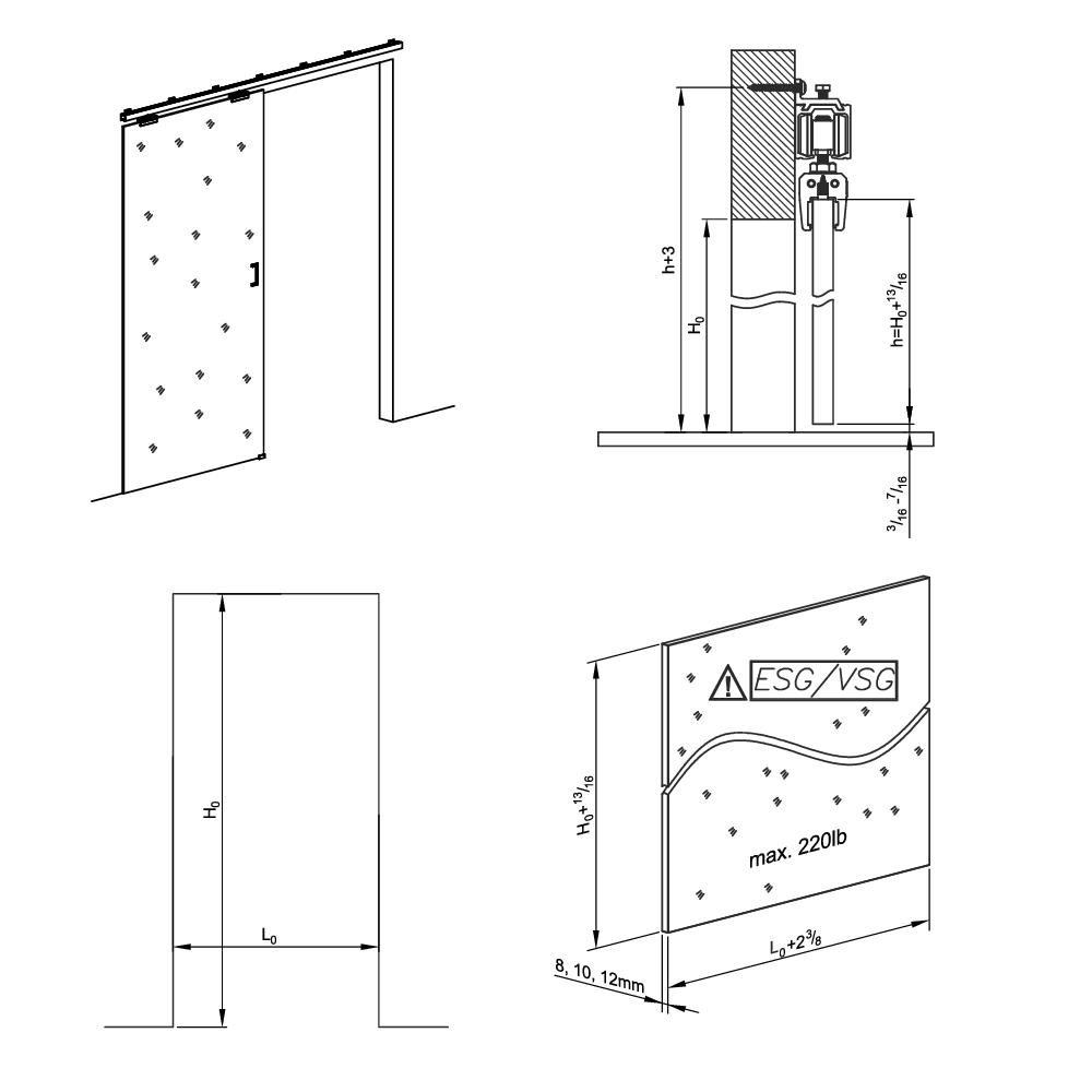Drawing with dimensions of our roller kit for SLID'UP 190 for sliding glass doors