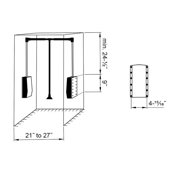 Drawing with dimensions of our pull-out adjustable wardrobe lift - Chromeplated steel and black housing - 21" to 27"