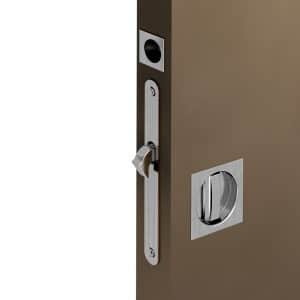 Zoom of our mortise lock kit – Square handles with locking device - Satin