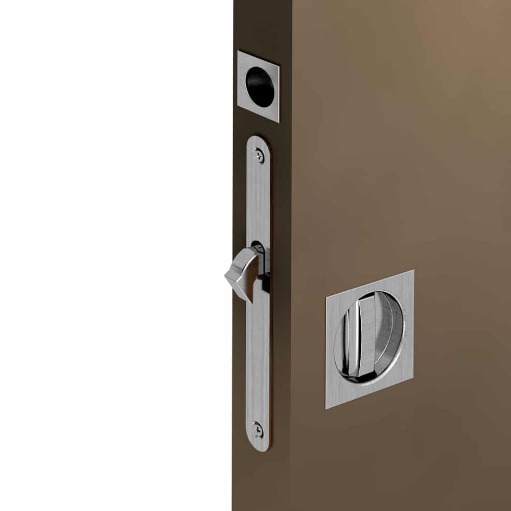 Zoom of our mortise lock kit – Square handles with locking device - Satin