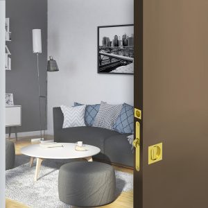 Zoom of our mortise lock kit – Square handles with locking device - Golden