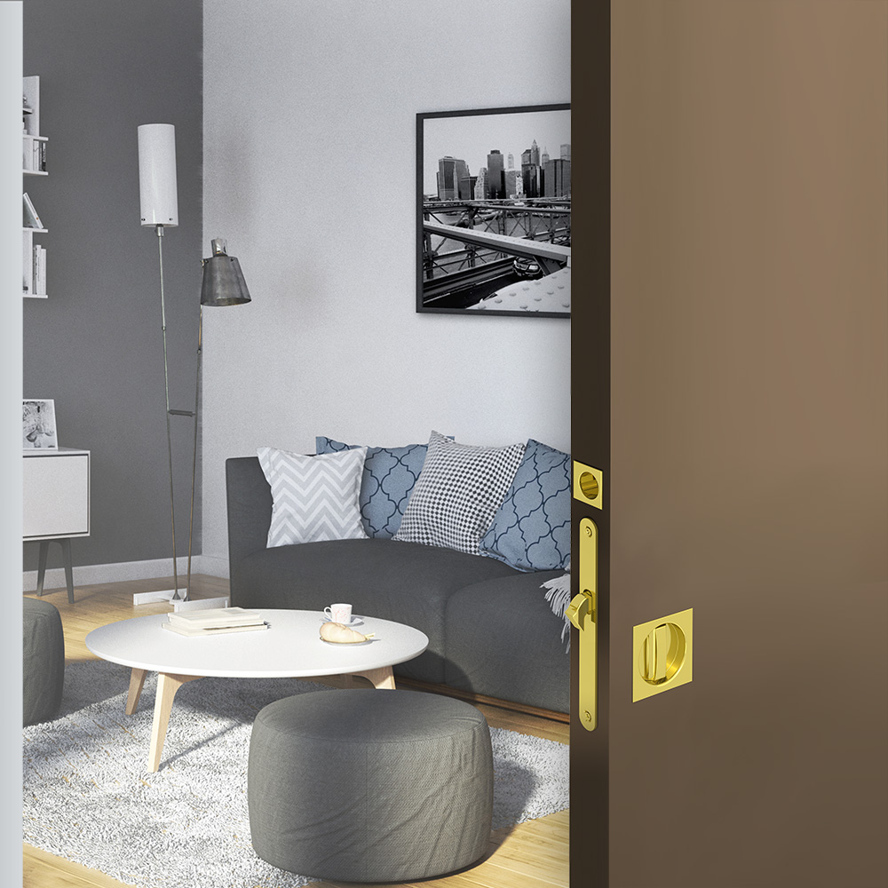 Zoom of our mortise lock kit – Square handles with locking device - Golden