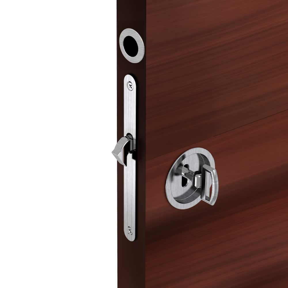 Zoom of our satin mortise lock kit – Round handles with key
