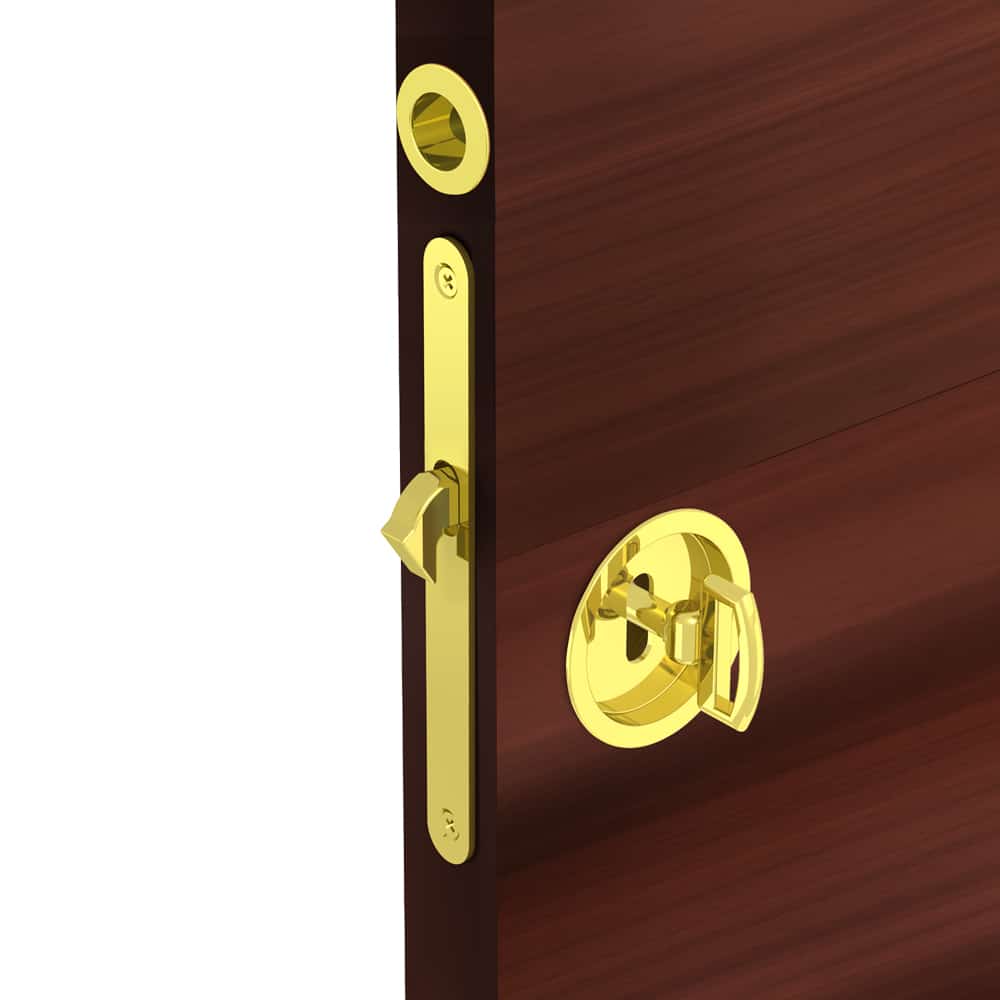 Ambiance image of our mortise lock assembly kit – Round finger pull and flush handles with key - Steel with golden finish