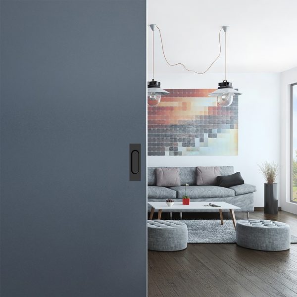 Ambiance image of our Set of 2 black rectangular flush pull handles