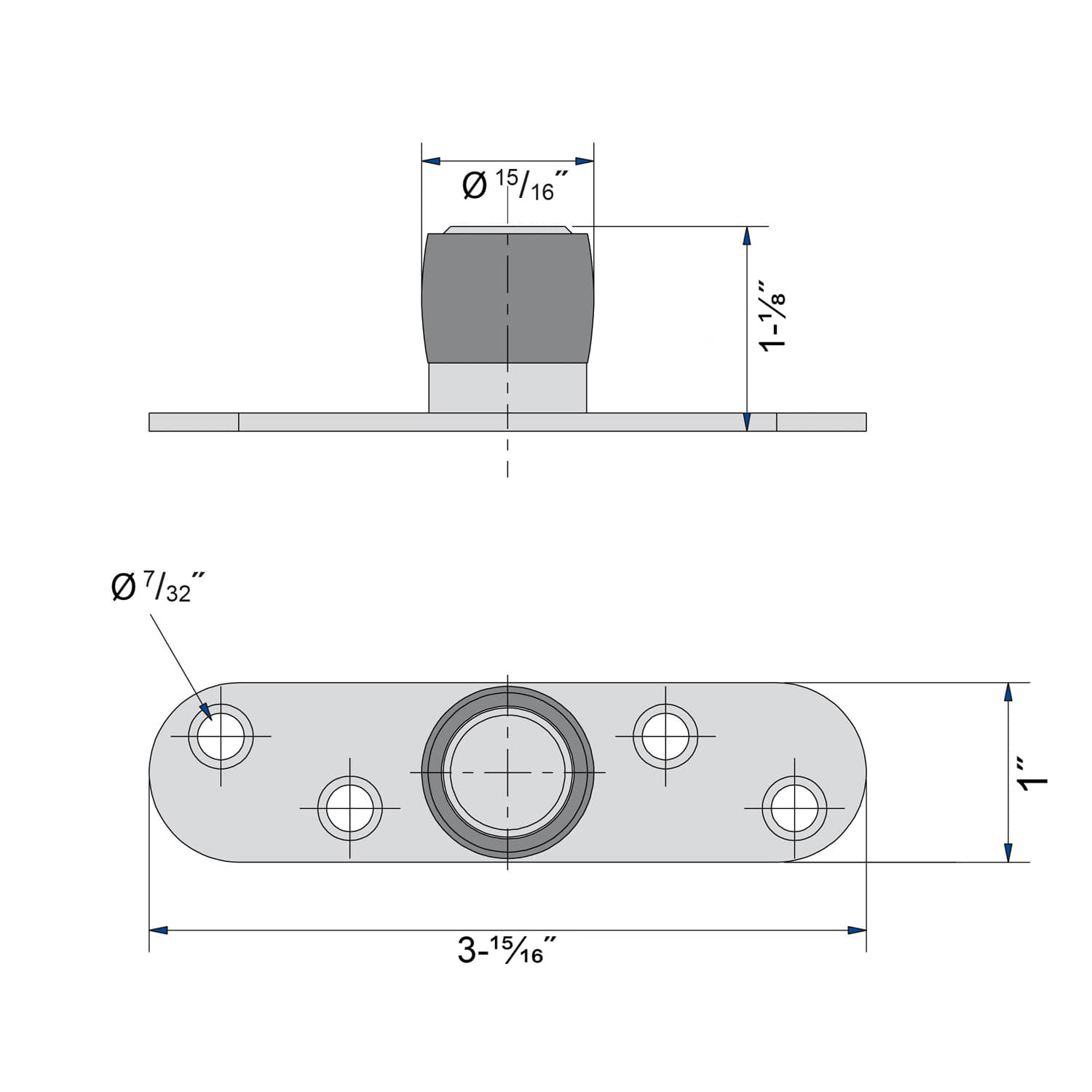 Drawing with dimensions of our bottom guide for doors up to 330 lbs