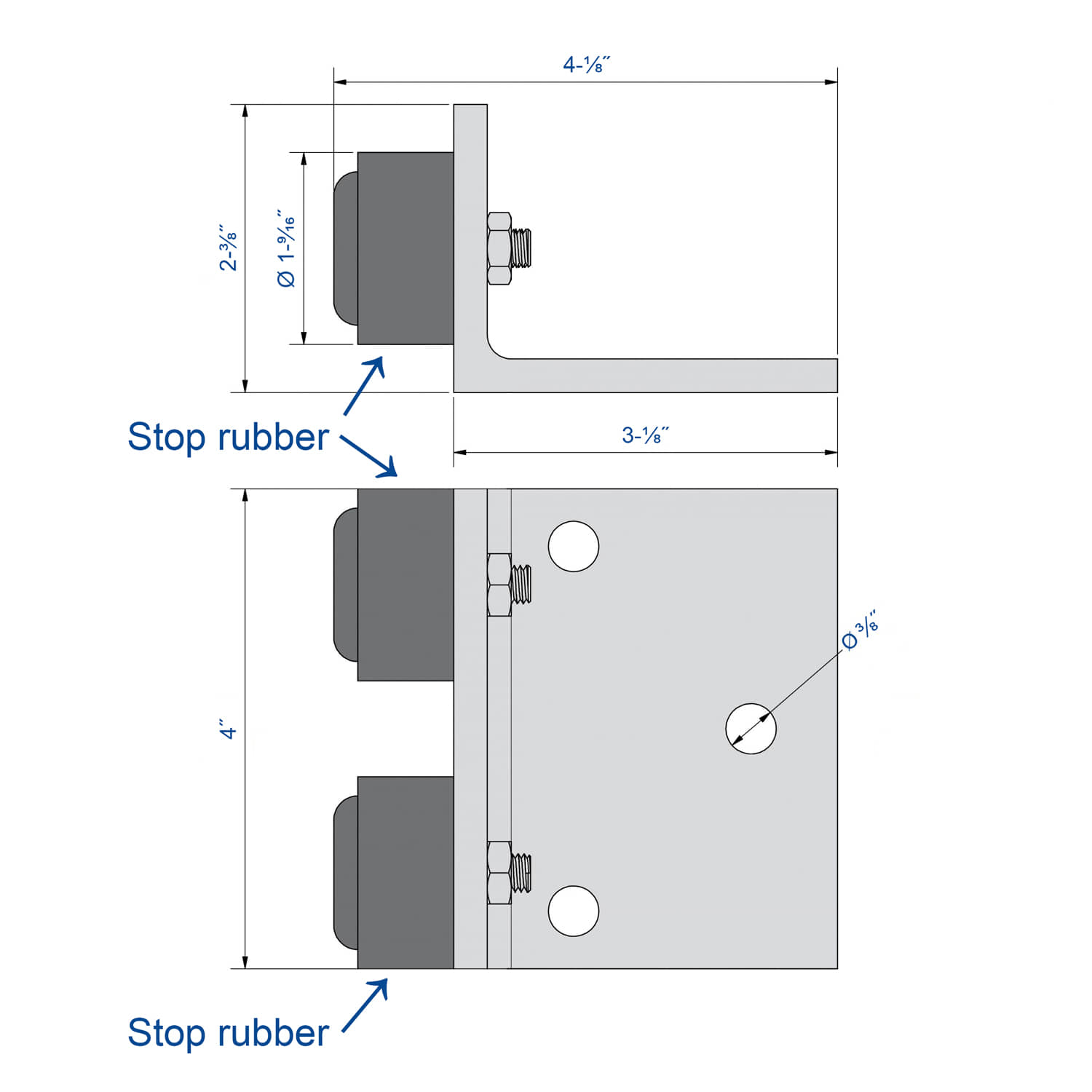 Drawing with dimensions of our door stop for heavy duty sliding door up to 660 lbs