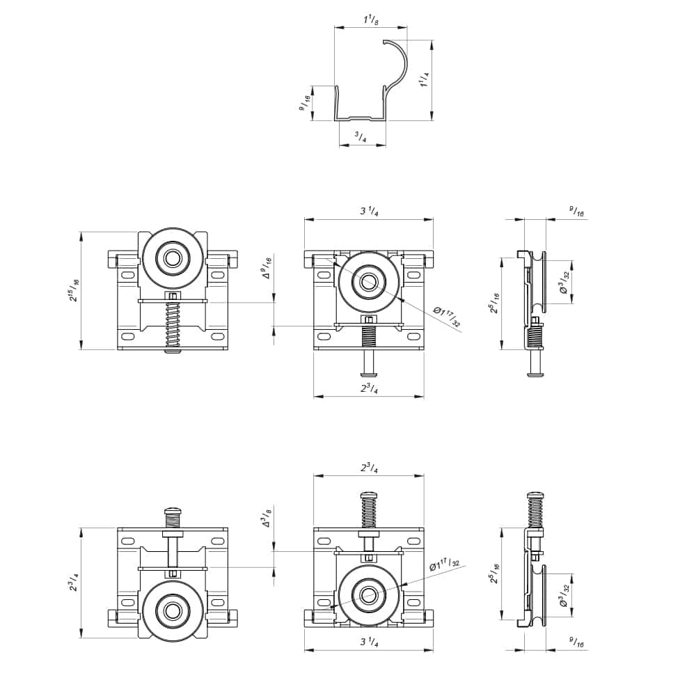 Drawing with dimensions of our closet door roller kit for 1 door for SLID'UP 230 - Bronze