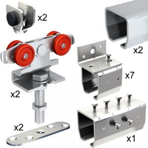 Quantity of items in our SLID'UP 2000 hardware kit with 2 tracks for one door up to 130 lbs