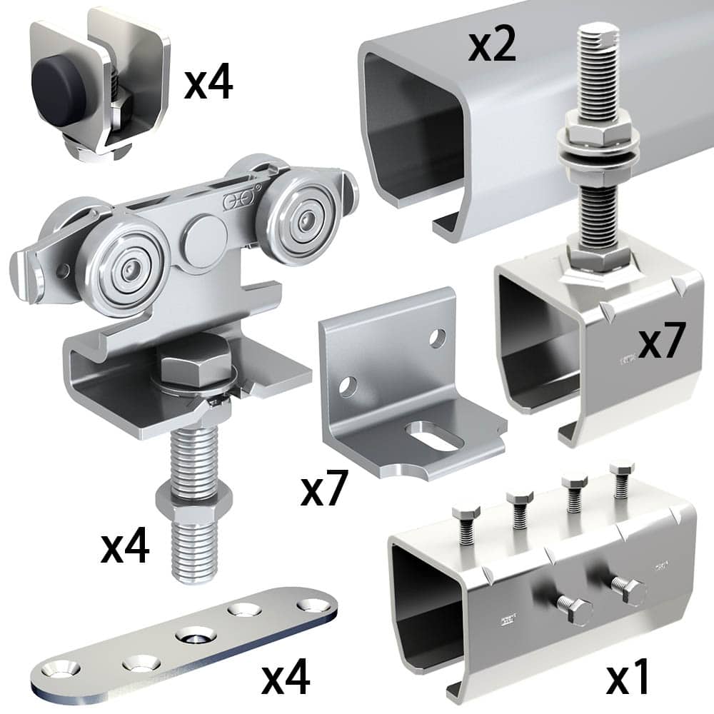 Quantity of items in our SLID'UP 2000 hardware kit with 2 tracks for 2 doors up to 180 lbs, 2" thick