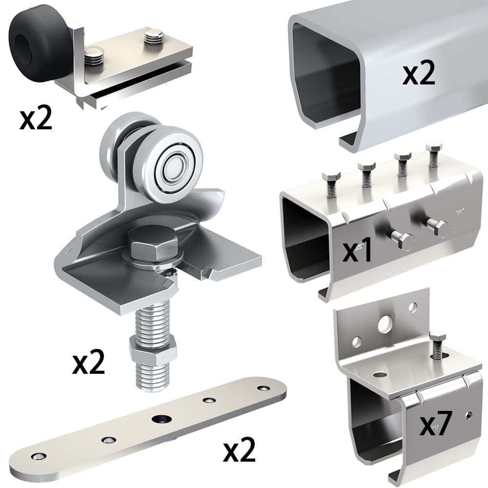 Quantity of items of our SLID'UP 2000 hardware kit with 2 tracks for one door up to 310 lbs, 1-1/2" thick