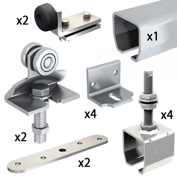 Quantity of items of our SLID'UP 2000 hardware kit with one track for one door up to 310 lbs, 2-3/8" thick