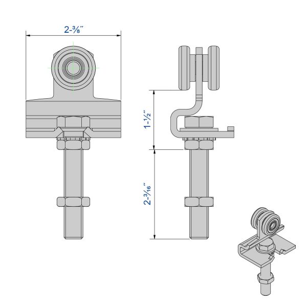 Drawing with dimensions of our set of 2 rollers for SLID’UP 2000 (door up to 330 lbs)