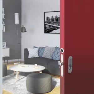 Ambiance image of our mortise lock kit – Round finger pull and oval flush handles with locking device - Steel with chrome finish