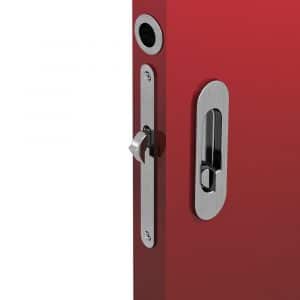 Zoom of our mortise lock kit – Round finger pull and oval flush handles with locking device - Steel with satin finish