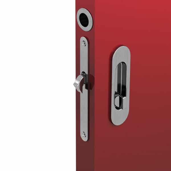 Zoom of our mortise lock kit – Round finger pull and oval flush handles with locking device - Steel with satin finish