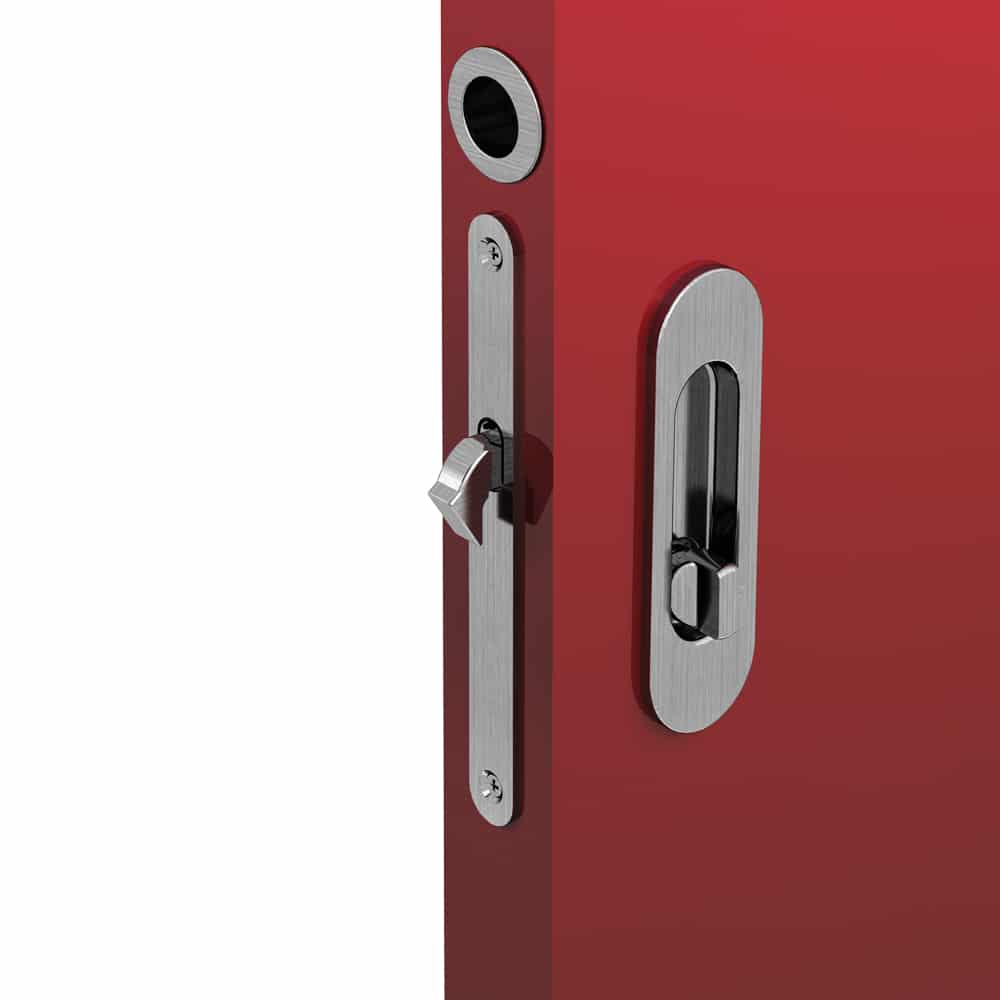 Zoom of our mortise lock kit – Round finger pull and oval flush handles with locking device - Steel with satin finish
