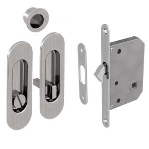 Mortise lock kit – Round finger pull and oval flush handles with locking device - Steel with satin finish