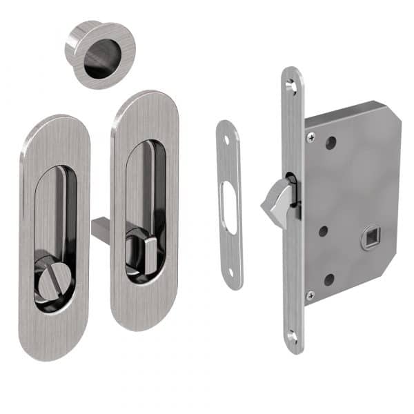Mortise lock kit – Round finger pull and oval flush handles with locking device - Steel with satin finish