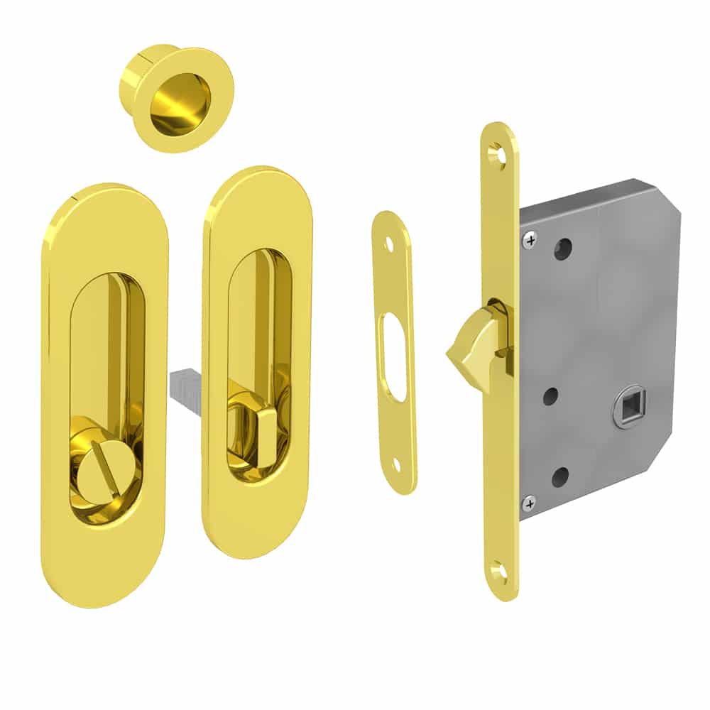 Mortise lock kit – Round finger pull and oval flush handles with locking device - Steel with golden finish