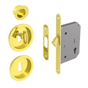 Mortise lock assembly kit – Round finger pull and flush handles with key - Steel with golden finish
