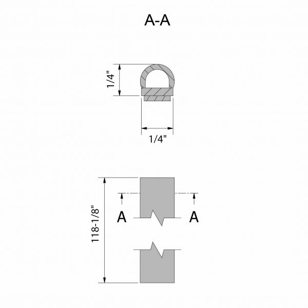 Drawing with dimension of our self-adhesive rubber door bottom seal – 1/4″ height