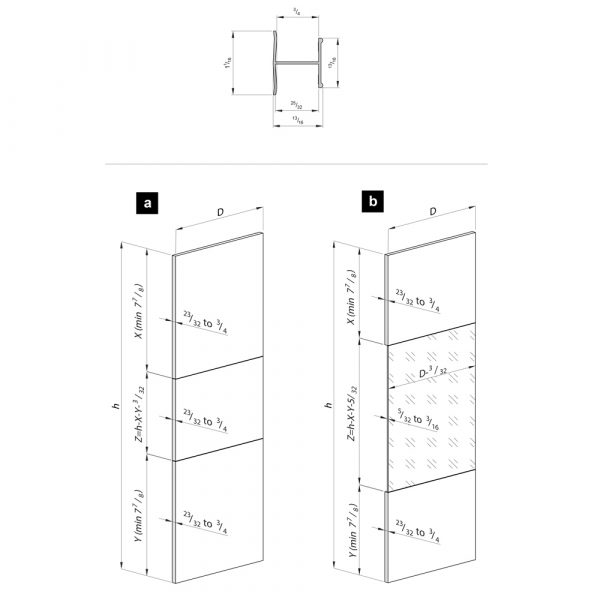 Drawing with dimensions of our H profile kit for sliding closet doors - Black