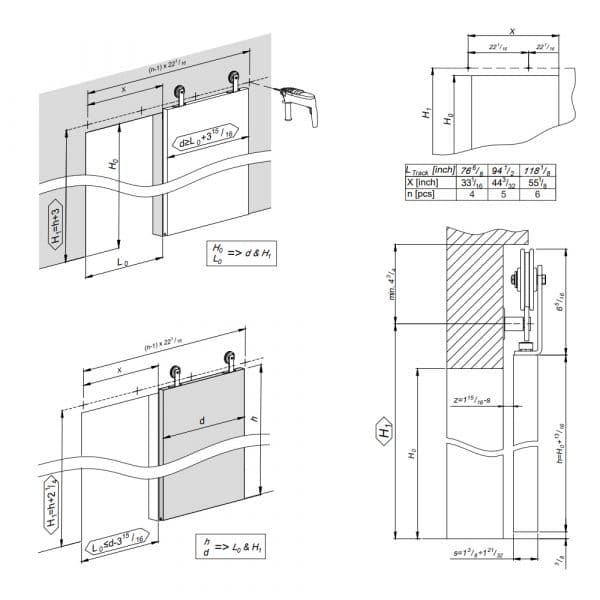 Drawing with dimensions of our SLID'UP 270 - Sliding barn door hardware kit - Short hangers