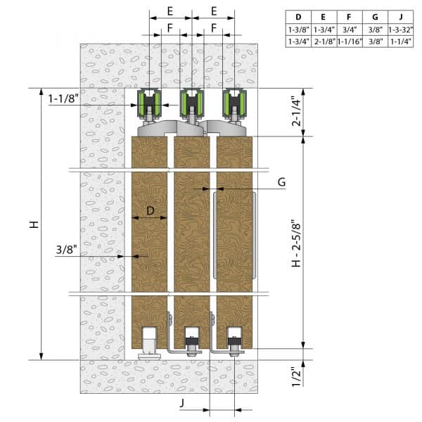 Mounting drawing with dimensions of our roller kit for telescopic doors SLID'UP 2500 for 3 doors , opening on the right