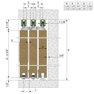 Mounting drawing with dimensions of our roller kit for telescopic doors SLID'UP 2500 for 3 doors , opening on the left