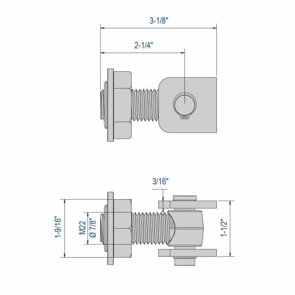 Drawing with dimensions of our weld-on hinge with adjustable weld-on clevis M22