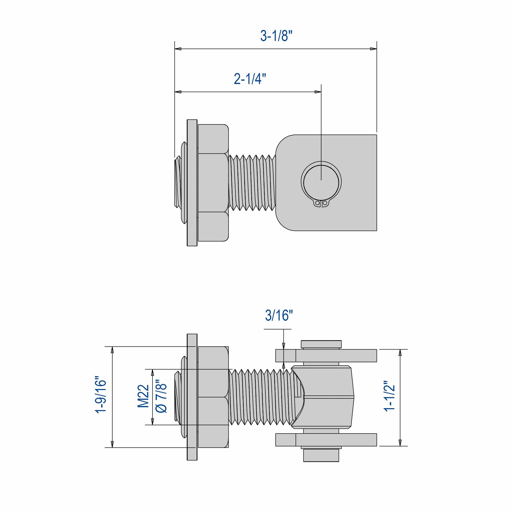 Drawing with dimensions of our weld-on hinge with adjustable weld-on clevis M22