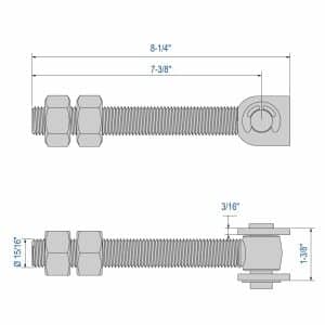 Drawing with dimensions of our long screw-in hinge with weld-on clevis M24