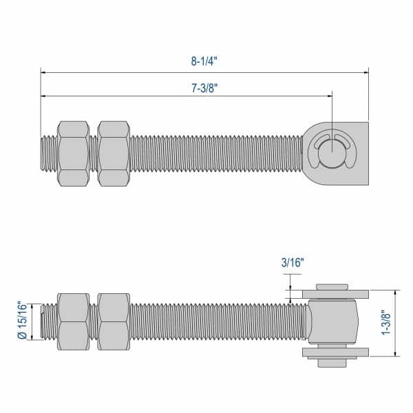 Drawing with dimensions of our long screw-in hinge with weld-on clevis M24