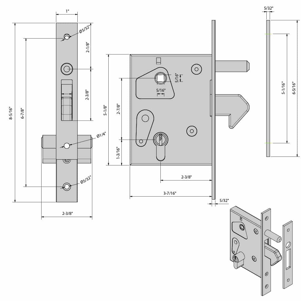 Drawing with dimensions of our mortise lock with hook for sliding gate