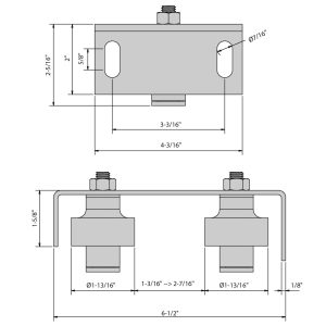 Drawing with dimensions of our adjustable screw-on top guide for sliding gates, 2 olives Ø1-3/4"