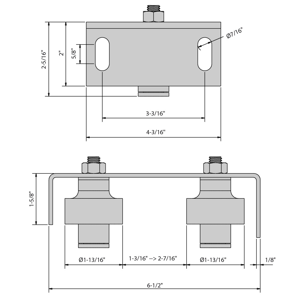 Drawing with dimensions of our adjustable screw-on top guide for sliding gates, 2 olives Ø1-3/4"